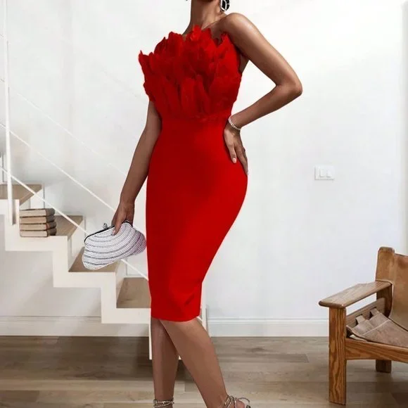 Red Party Womens Fuzzy Trim Tube Bodycon Dress - Picture 4 of 5